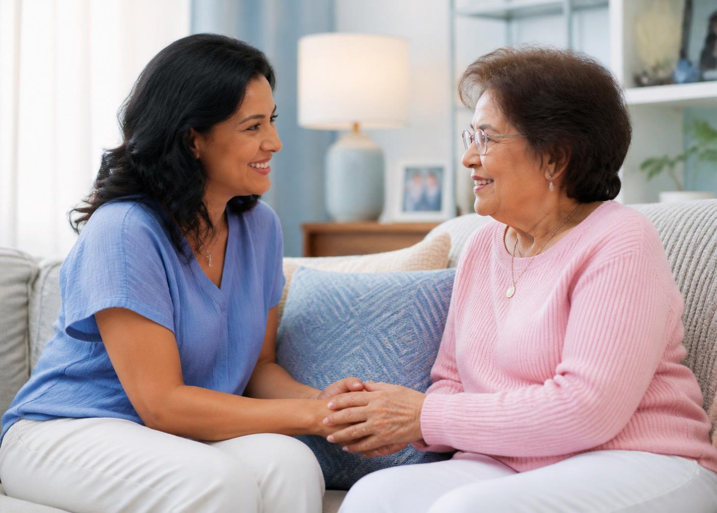 Filha e mãe conversando de forma acolhedora em ambiente residencial claro